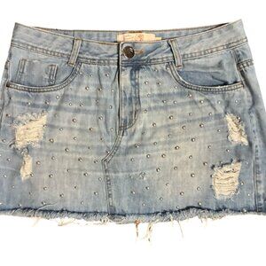 Sz.42 (XL)*TOLI Denim Blue Distressed Mini-Skirt W/ Metal Studs And Ripped-Up